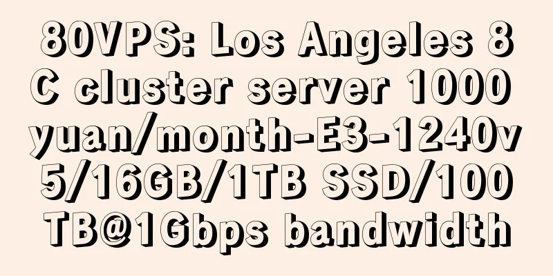 80VPS: Los Angeles 8C cluster server 1000 yuan/month-E3-1240v5/16GB/1TB SSD/100TB@1Gbps bandwidth