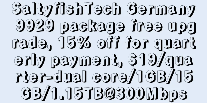 SaltyfishTech Germany 9929 package free upgrade, 15% off for quarterly payment, $19/quarter-dual core/1GB/15GB/1.15TB@300Mbps
