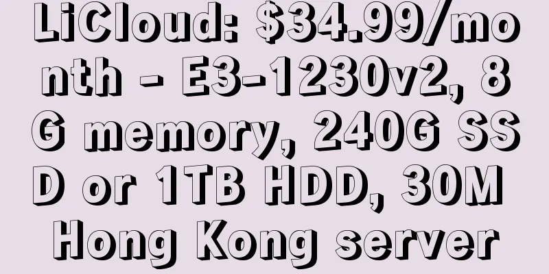 LiCloud: $34.99/month - E3-1230v2, 8G memory, 240G SSD or 1TB HDD, 30M Hong Kong server