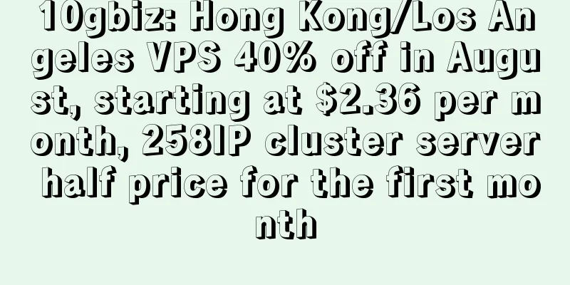 10gbiz: Hong Kong/Los Angeles VPS 40% off in August, starting at $2.36 per month, 258IP cluster server half price for the first month